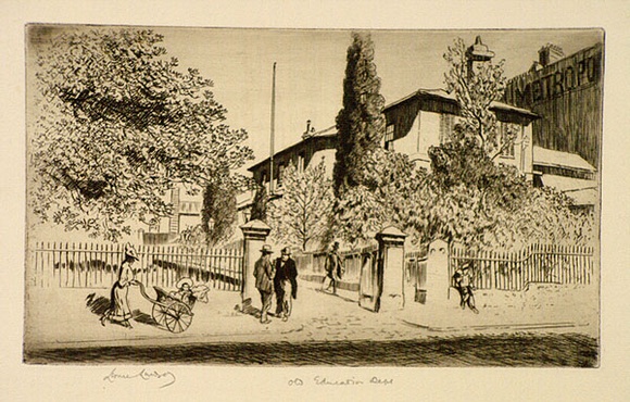 Artist: b'LINDSAY, Lionel' | Title: b'Old Education Department from the Lands Office' | Date: 1936 | Technique: b'etching and drypoint, printed in brown ink with plate-tone, from one plate' | Copyright: b'Courtesy of the National Library of Australia' Artist: b'LINDSAY, Lionel' | Title: b'Old Education Department from the Lands Office' | Date: 1936 | Technique: b'etching and drypoint, printed in brown ink with plate-tone, from one plate' | Copyright: b'Courtesy of the National Library of Australia'