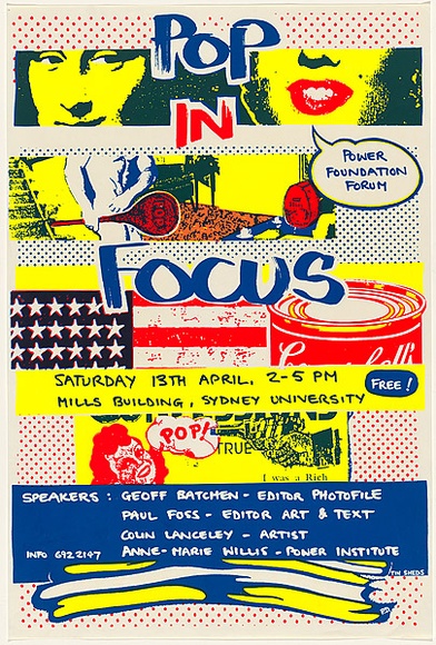 Artist: b'Debenham, Pam.' | Title: b'Pop in Focus.' | Date: c.1985 | Technique: b'screenprint, printed in colour, from multiple stencils' Artist: b'Debenham, Pam.' | Title: b'Pop in Focus.' | Date: c.1985 | Technique: b'screenprint, printed in colour, from multiple stencils'