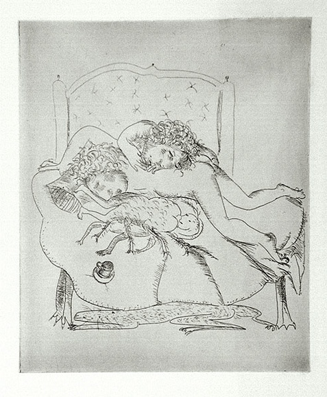 Artist: b'BOYD, Arthur' | Title: b'(Figures on a bed with a spider and a tea cup) (variant II).' | Date: 1970 | Technique: b'etching, printed in black ink, from one plate' | Copyright: b'Reproduced with permission of Bundanon Trust' Artist: b'BOYD, Arthur' | Title: b'(Figures on a bed with a spider and a tea cup) (variant II).' | Date: 1970 | Technique: b'etching, printed in black ink, from one plate' | Copyright: b'Reproduced with permission of Bundanon Trust'