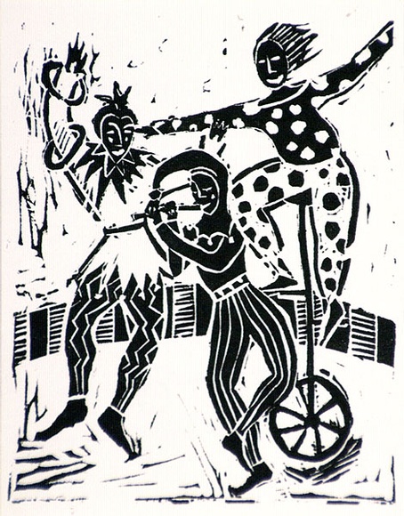 Artist: b'Scott, Mary.' | Title: b'Greeting card: Performing clowns' | Date: 1984 | Technique: b'linocut, printed in black ink, from one block' Artist: b'Scott, Mary.' | Title: b'Greeting card: Performing clowns' | Date: 1984 | Technique: b'linocut, printed in black ink, from one block'