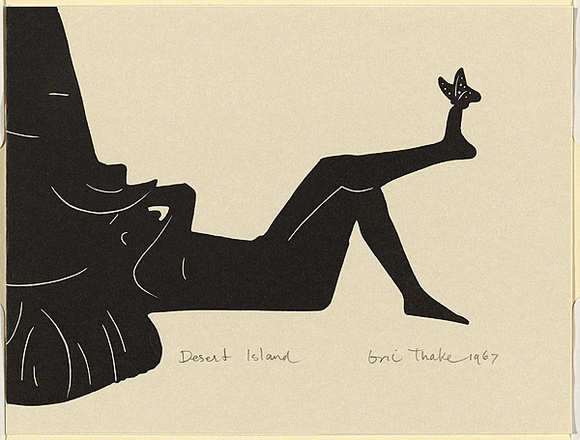 Artist: b'Thake, Eric.' | Title: b'Greeting card: Christmas (Desert Island)' | Date: 1967 | Technique: b'linocut, printed in black ink, from one block' Artist: b'Thake, Eric.' | Title: b'Greeting card: Christmas (Desert Island)' | Date: 1967 | Technique: b'linocut, printed in black ink, from one block'