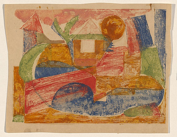 Title: b'The red bridge' | Date: c. 1955 | Technique: b'stamped print, printed in coloured ink, from multiple stamps'