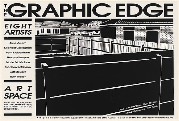 Artist: b'Stewart, Jeff.' | Title: b'The Graphic Edge. Eight artists... Art Space.' | Date: 1987 | Technique: b'screenprint, printed in black ink, from one stencil' Artist: b'Stewart, Jeff.' | Title: b'The Graphic Edge. Eight artists... Art Space.' | Date: 1987 | Technique: b'screenprint, printed in black ink, from one stencil'