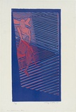 Artist: WALKER, Murray | Title: Karen behind venetian blinds. | Date: 1969 | Technique: linocut, printed in colour, from multiple blocks