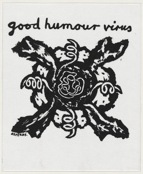 Artist: b'WORSTEAD, Paul' | Title: b'Good humour virus' | Date: 1992 | Technique: b'screenprint, printed in black ink, from one stencil' | Copyright: b'This work appears on screen courtesy of the artist' Artist: b'WORSTEAD, Paul' | Title: b'Good humour virus' | Date: 1992 | Technique: b'screenprint, printed in black ink, from one stencil' | Copyright: b'This work appears on screen courtesy of the artist'