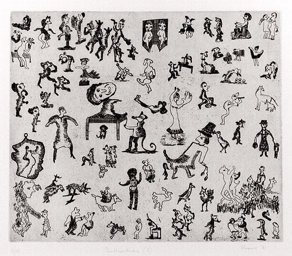 Artist: b'Shearer, Mitzi.' | Title: b'Bulliwutzies 3' | Date: 1981 | Technique: b'etching, foul bite, printed in black ink with plate-tone, from one plate' Artist: b'Shearer, Mitzi.' | Title: b'Bulliwutzies 3' | Date: 1981 | Technique: b'etching, foul bite, printed in black ink with plate-tone, from one plate'