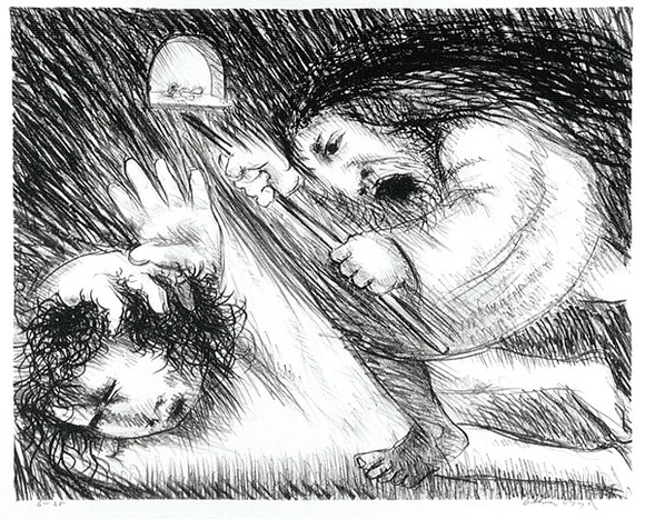 Artist: b'BOYD, Arthur' | Title: b'St Francis being beaten by his father.' | Date: (1965) | Technique: b'lithograph,printed in black ink, from one plate' Artist: b'BOYD, Arthur' | Title: b'St Francis being beaten by his father.' | Date: (1965) | Technique: b'lithograph,printed in black ink, from one plate'