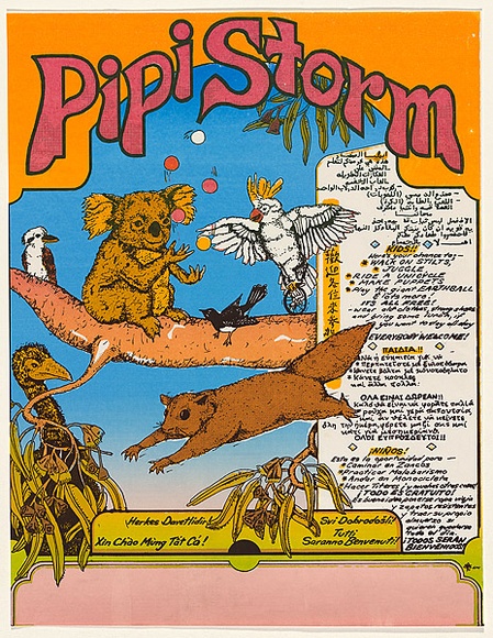 Artist: b'EARTHWORKS POSTER COLLECTIVE' | Title: b'Pipi storm.' | Date: 1978 | Technique: b'screenprint, printed in colour, from multiple screens' Artist: b'EARTHWORKS POSTER COLLECTIVE' | Title: b'Pipi storm.' | Date: 1978 | Technique: b'screenprint, printed in colour, from multiple screens'