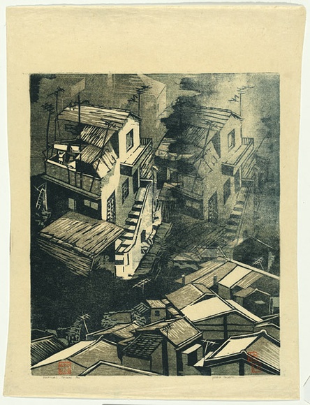 Artist: b'Thorpe, Lesbia.' | Title: b'Rooftops, Taiwan' | Date: 1978 | Technique: b'woodcut, printed in colour, from two blocks' Artist: b'Thorpe, Lesbia.' | Title: b'Rooftops, Taiwan' | Date: 1978 | Technique: b'woodcut, printed in colour, from two blocks'