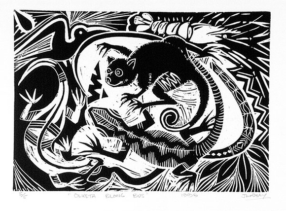 Artist: b'Lindsay (Sale), Joe.' | Title: b'Olketa blong bus' | Date: 1995 | Technique: b'woodcut, printed in black ink, from one block' Artist: b'Lindsay (Sale), Joe.' | Title: b'Olketa blong bus' | Date: 1995 | Technique: b'woodcut, printed in black ink, from one block'