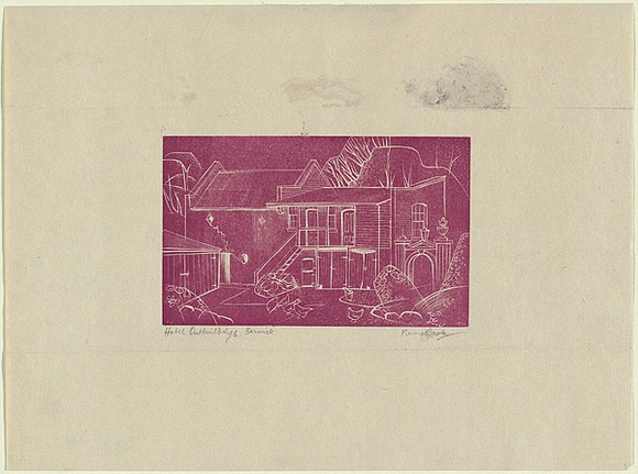 Artist: b'Jack, Kenneth.' | Title: b'Hotel outbuildings, Berwick' | Date: 1953 | Technique: b'line-engraving, printed in relief in purple ink, from one perspex plate' | Copyright: b'\xc2\xa9 Kenneth Jack. Licensed by VISCOPY, Australia' Artist: b'Jack, Kenneth.' | Title: b'Hotel outbuildings, Berwick' | Date: 1953 | Technique: b'line-engraving, printed in relief in purple ink, from one perspex plate' | Copyright: b'\xc2\xa9 Kenneth Jack. Licensed by VISCOPY, Australia'