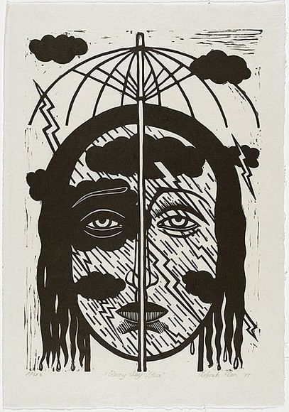 Artist: b'Klein, Deborah.' | Title: b'Rainy day face' | Date: 1997 | Technique: b'linocut, printed in black ink, from one block' Artist: b'Klein, Deborah.' | Title: b'Rainy day face' | Date: 1997 | Technique: b'linocut, printed in black ink, from one block'
