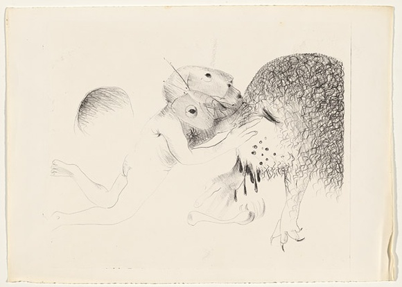 Artist: b'BOYD, Arthur' | Title: b'St Francis kissing the Wolf of Gubbio.' | Date: (1965) | Technique: b'lithograph, printed in black ink, from one plate' | Copyright: b'Reproduced with permission of Bundanon Trust' Artist: b'BOYD, Arthur' | Title: b'St Francis kissing the Wolf of Gubbio.' | Date: (1965) | Technique: b'lithograph, printed in black ink, from one plate' | Copyright: b'Reproduced with permission of Bundanon Trust'