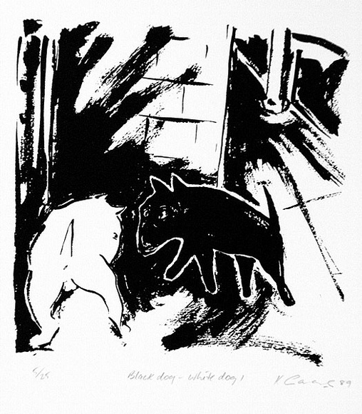 Artist: b'Casey, Karen.' | Title: b'Black dog - white dog I' | Date: 1989 | Technique: b'screenprint, printed in black ink, from one screen' Artist: b'Casey, Karen.' | Title: b'Black dog - white dog I' | Date: 1989 | Technique: b'screenprint, printed in black ink, from one screen'