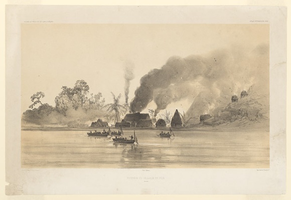 Artist: b'SABATIER, Leon-Jean-Baptiste.' | Title: b'Incendie du village de Piva. (Iles Vite). (Burning of the village of Piva. (Vite Islands)' | Date: 1846 | Technique: b'lithograph, printed in colour, from two stones; with highlights in white body colour on water' Artist: b'SABATIER, Leon-Jean-Baptiste.' | Title: b'Incendie du village de Piva. (Iles Vite). (Burning of the village of Piva. (Vite Islands)' | Date: 1846 | Technique: b'lithograph, printed in colour, from two stones; with highlights in white body colour on water'