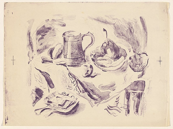 Artist: b'MACQUEEN, Mary' | Title: b'Egg, fruit and flowers' | Date: 1959 | Technique: b'lithograph, printed in purple ink, from one plate' | Copyright: b'Courtesy Paulette Calhoun, for the estate of Mary Macqueen' Artist: b'MACQUEEN, Mary' | Title: b'Egg, fruit and flowers' | Date: 1959 | Technique: b'lithograph, printed in purple ink, from one plate' | Copyright: b'Courtesy Paulette Calhoun, for the estate of Mary Macqueen'