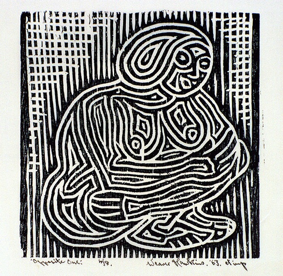 Artist: b'Hawkins, Weaver.' | Title: b'Opposite one' | Date: 1963 | Technique: b'linocut, printed in black ink, from one block' | Copyright: b'The Estate of H.F Weaver Hawkins' Artist: b'Hawkins, Weaver.' | Title: b'Opposite one' | Date: 1963 | Technique: b'linocut, printed in black ink, from one block' | Copyright: b'The Estate of H.F Weaver Hawkins'