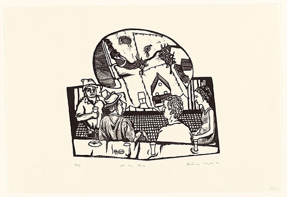 Artist: b'Carrington, Berenice.' | Title: b'At the pub' | Date: 1991 | Technique: b'linocut, printed in black ink, from one block' Artist: b'Carrington, Berenice.' | Title: b'At the pub' | Date: 1991 | Technique: b'linocut, printed in black ink, from one block'