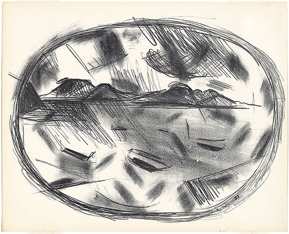 Artist: b'McCahon, Colin.' | Title: b'Puketutu Manakau 3' | Date: 1957 | Technique: b'lithograph, printed in black ink, from one cardboard plate' Artist: b'McCahon, Colin.' | Title: b'Puketutu Manakau 3' | Date: 1957 | Technique: b'lithograph, printed in black ink, from one cardboard plate'