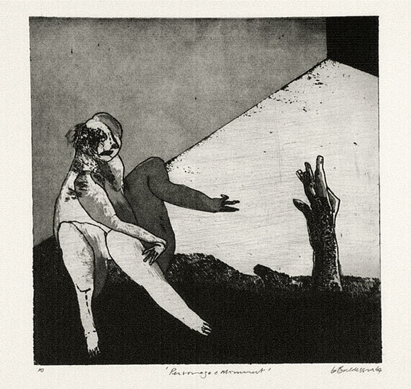 Artist: b'BALDESSIN, George' | Title: b'Personage and monument.' | Date: 1964 | Technique: b'etching and aquatint, printed in black ink, from one plate' Artist: b'BALDESSIN, George' | Title: b'Personage and monument.' | Date: 1964 | Technique: b'etching and aquatint, printed in black ink, from one plate'