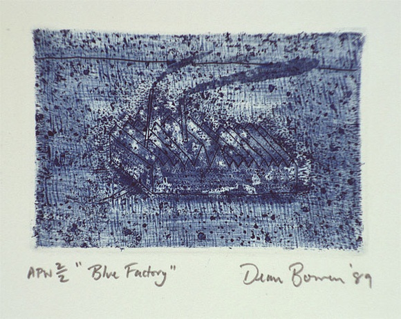 Artist: b'Bowen, Dean.' | Title: b'Blue factory' | Date: 1989, September | Technique: b'etching, printed in blue ink, from one plate'