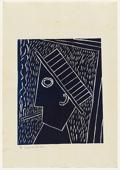 Artist: b'Kozlowski, Brunon.' | Title: b'(Man smoking a cigarette)' | Date: c.1970 | Technique: b'linocut, printed in dark blue ink, from one block' Artist: b'Kozlowski, Brunon.' | Title: b'(Man smoking a cigarette)' | Date: c.1970 | Technique: b'linocut, printed in dark blue ink, from one block'