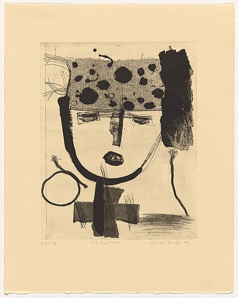 Artist: b'Bruch, Sandy.' | Title: b'Pill box hat' | Date: 1994 | Technique: b'etching and aquatint, printed in black, from one plate' Artist: b'Bruch, Sandy.' | Title: b'Pill box hat' | Date: 1994 | Technique: b'etching and aquatint, printed in black, from one plate'