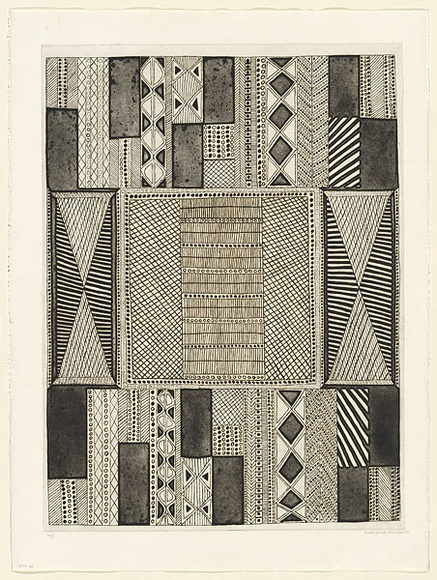 Artist: b'RED HAND PRINT' | Title: b'Jilamarra design' | Date: 1998, 18 September | Technique: b'etching, line-etching, open bite and aquatint, printed in black ink, from one zinc plate' Artist: b'RED HAND PRINT' | Title: b'Jilamarra design' | Date: 1998, 18 September | Technique: b'etching, line-etching, open bite and aquatint, printed in black ink, from one zinc plate'