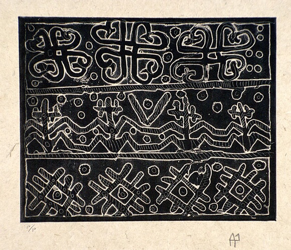 Artist: b'Wahdu Saietow.' | Title: b'Spirit motif design no.2' | Date: 1991 | Technique: b'relief-etching, printed inblack ink, from one plate' Artist: b'Wahdu Saietow.' | Title: b'Spirit motif design no.2' | Date: 1991 | Technique: b'relief-etching, printed inblack ink, from one plate'