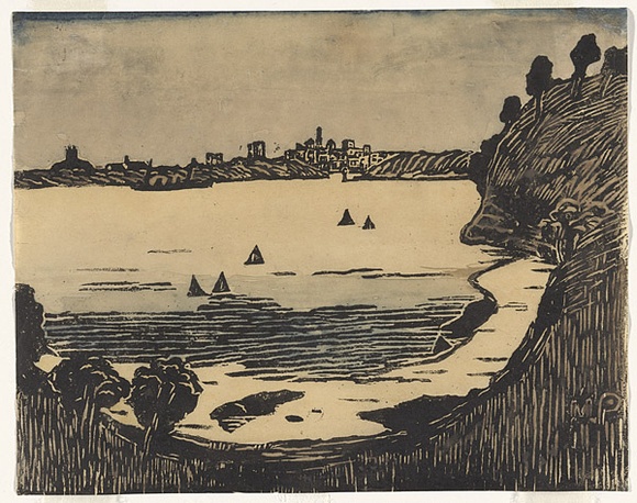 Title: bFrenchman's Beach (Neutral Bay) | Date: c. 1920 | Technique: b'woodcut, printed in black ink, from one woodblock; hand-coloured' Title: bFrenchman's Beach (Neutral Bay) | Date: c. 1920 | Technique: b'woodcut, printed in black ink, from one woodblock; hand-coloured'