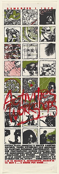 Artist: b'Doherty, Brian.' | Title: b'Activites workshops: Semester 1, 1979.' | Date: 1979 | Technique: b'screenprint, printed in colour, from multiple stencils' | Copyright: b'\xc2\xa9 Brian Doherty. Licensed by VISCOPY, Australia' Artist: b'Doherty, Brian.' | Title: b'Activites workshops: Semester 1, 1979.' | Date: 1979 | Technique: b'screenprint, printed in colour, from multiple stencils' | Copyright: b'\xc2\xa9 Brian Doherty. Licensed by VISCOPY, Australia'