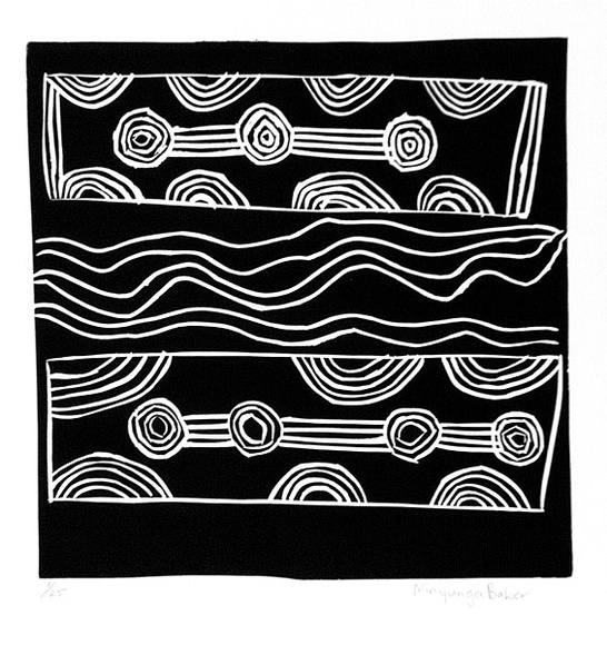 Artist: b'Baker, Minyungu.' | Title: b'not titled' | Date: 1988 | Technique: b'linocut, printed in black ink, from one block'