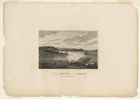 Title: bA view of Dawe's Battery at the entrance of Sydney Cove. New South Wales. | Date: 1817-1819 | Technique: b'engraving, printed in black ink, from one copper plate' Title: bA view of Dawe's Battery at the entrance of Sydney Cove. New South Wales. | Date: 1817-1819 | Technique: b'engraving, printed in black ink, from one copper plate'