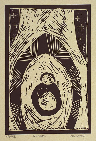 Artist: b'Kennedy, Lisa.' | Title: b'Tree child' | Date: 2000, December | Technique: b'linocut, printed in black ink, from one block' Artist: b'Kennedy, Lisa.' | Title: b'Tree child' | Date: 2000, December | Technique: b'linocut, printed in black ink, from one block'