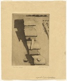 Artist: TRAILL, Jessie | Title: Beehives in the snow. | Date: 1929 | Technique: etching, printed in warm black ink with plate-tone, from one plate