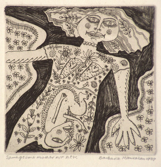 Artist: b'HANRAHAN, Barbara' | Title: b'Springtime mother' | Date: 1989 | Technique: b'etching, printed in black ink, from one plate' Artist: b'HANRAHAN, Barbara' | Title: b'Springtime mother' | Date: 1989 | Technique: b'etching, printed in black ink, from one plate'