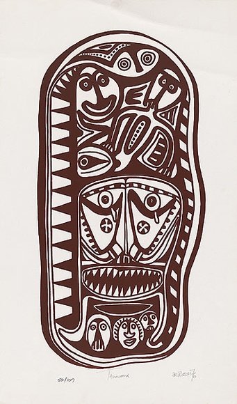 Artist: b'Lasisi, David.' | Title: b'Taumirmir' | Date: 1976 | Technique: b'screenprint, printed in brown ink, from one stencil' Artist: b'Lasisi, David.' | Title: b'Taumirmir' | Date: 1976 | Technique: b'screenprint, printed in brown ink, from one stencil'