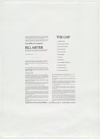 Artist: b'MEYER, Bill' | Title: b'Title page to Gap Portfolio' | Date: 1980 | Technique: b'screenprint, printed in black ink, from one stencil (text, photo-positive for indirect stencil)' | Copyright: b'\xc2\xa9 Bill Meyer' Artist: b'MEYER, Bill' | Title: b'Title page to Gap Portfolio' | Date: 1980 | Technique: b'screenprint, printed in black ink, from one stencil (text, photo-positive for indirect stencil)' | Copyright: b'\xc2\xa9 Bill Meyer'