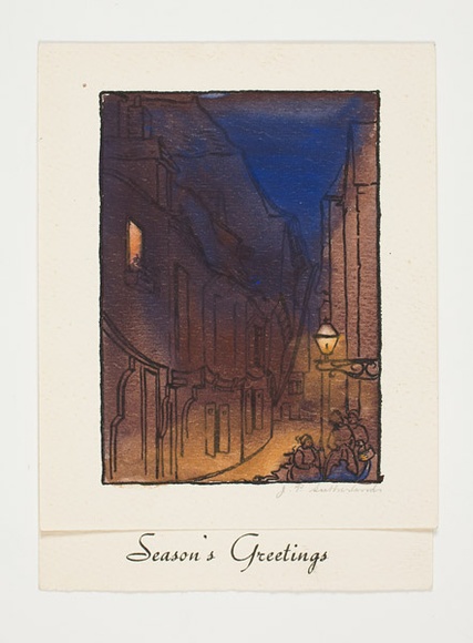 Artist: b'Sutherland, Jean.' | Title: bGreeting card: Season's Greeting | Technique: b'woodcut, printed in black ink, from one block; hand-coloured' Artist: b'Sutherland, Jean.' | Title: bGreeting card: Season's Greeting | Technique: b'woodcut, printed in black ink, from one block; hand-coloured'