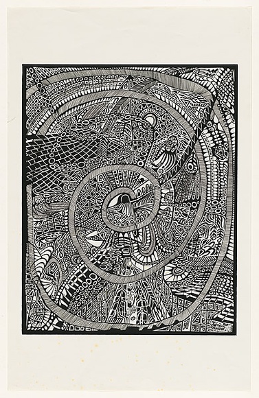 Artist: b'Dickson, Jim.' | Title: b'not titled [black and white surreal composition, large spiral throughout and fish lower left corner].' | Date: 1970-1990 | Technique: b'screenprint, printed in black ink, from one stencil'