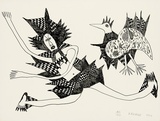 Artist: Kauage, Mathias. | Title: not titled [dancing woman and a bird] | Date: 1987 | Technique: off-set lithograph, printed in black ink, from one plate