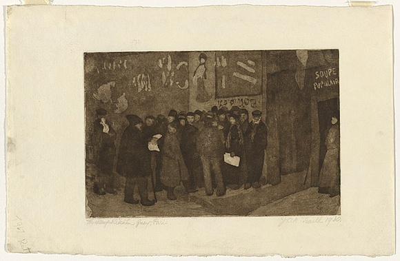 Artist: b'Traill, Jessie.' | Title: b'The Soup Kitchen, Quay, Paris' | Date: 1930 | Technique: b'aquatint and etching, printed in brown ink with plate-tone, from one copper plate' Artist: b'Traill, Jessie.' | Title: b'The Soup Kitchen, Quay, Paris' | Date: 1930 | Technique: b'aquatint and etching, printed in brown ink with plate-tone, from one copper plate'