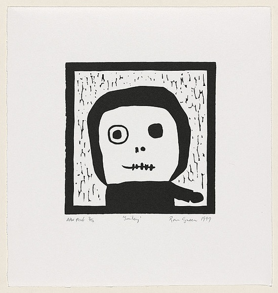 Artist: b'Green, Rona.' | Title: b'Smiley' | Date: 1999, August | Technique: b'linoblock, printed in black ink, from one block' Artist: b'Green, Rona.' | Title: b'Smiley' | Date: 1999, August | Technique: b'linoblock, printed in black ink, from one block'