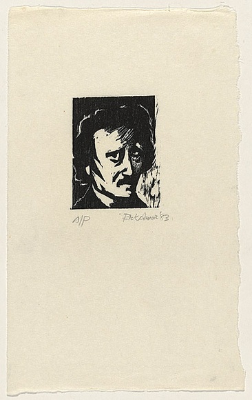 Artist: b'AMOR, Rick' | Title: b'Not titled (worried male face 2).' | Date: 1983 | Technique: b'woodcut, printed in black ink, from one block' Artist: b'AMOR, Rick' | Title: b'Not titled (worried male face 2).' | Date: 1983 | Technique: b'woodcut, printed in black ink, from one block'