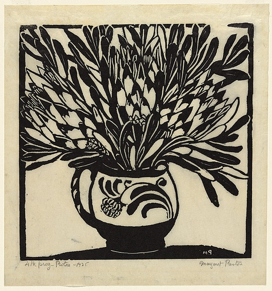 Artist: b'PRESTON, Margaret' | Title: b'Protea' | Date: 1925 | Technique: b'woodcut, printed in black ink, from one block' | Copyright: b'\xc2\xa9 Margaret Preston. Licensed by VISCOPY, Australia' Artist: b'PRESTON, Margaret' | Title: b'Protea' | Date: 1925 | Technique: b'woodcut, printed in black ink, from one block' | Copyright: b'\xc2\xa9 Margaret Preston. Licensed by VISCOPY, Australia'