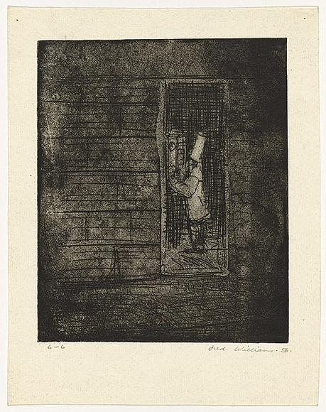 Artist: b'WILLIAMS, Fred' | Title: b'Cook and time clock' | Date: 1954-55 | Technique: b'etching and aquatint, printed in black ink, from one zinc plate' | Copyright: b'\xc2\xa9 Fred Williams Estate' Artist: b'WILLIAMS, Fred' | Title: b'Cook and time clock' | Date: 1954-55 | Technique: b'etching and aquatint, printed in black ink, from one zinc plate' | Copyright: b'\xc2\xa9 Fred Williams Estate'