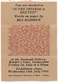 Title: Exhibition invitation: In the interim and Red text, Snake Pit Gallery, Launceston 1994 | Date: 1994 | Technique: photocopy, printed in red and black ink; orange sticker seal
