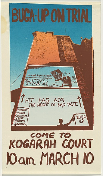 Artist: b'Lane, Leonie.' | Title: b'Buga-up on trial' | Date: 1978 | Technique: b'screenprint, printed in colour, from three stencils' | Copyright: b'\xc2\xa9 Leonie Lane'