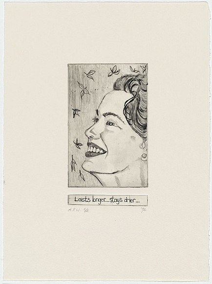 Artist: b'McKeever, Johanne.' | Title: b'Lasts longer... stays drier...' | Date: 1992, July | Technique: b'drypoint, printed in black ink, from one plate' Artist: b'McKeever, Johanne.' | Title: b'Lasts longer... stays drier...' | Date: 1992, July | Technique: b'drypoint, printed in black ink, from one plate'