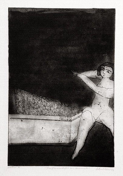 Artist: b'BALDESSIN, George' | Title: b'Performer before own monument.' | Date: 1963 | Technique: b'etching, aquatint and electric engraving tool, printed in black ink, from one plate' Artist: b'BALDESSIN, George' | Title: b'Performer before own monument.' | Date: 1963 | Technique: b'etching, aquatint and electric engraving tool, printed in black ink, from one plate'